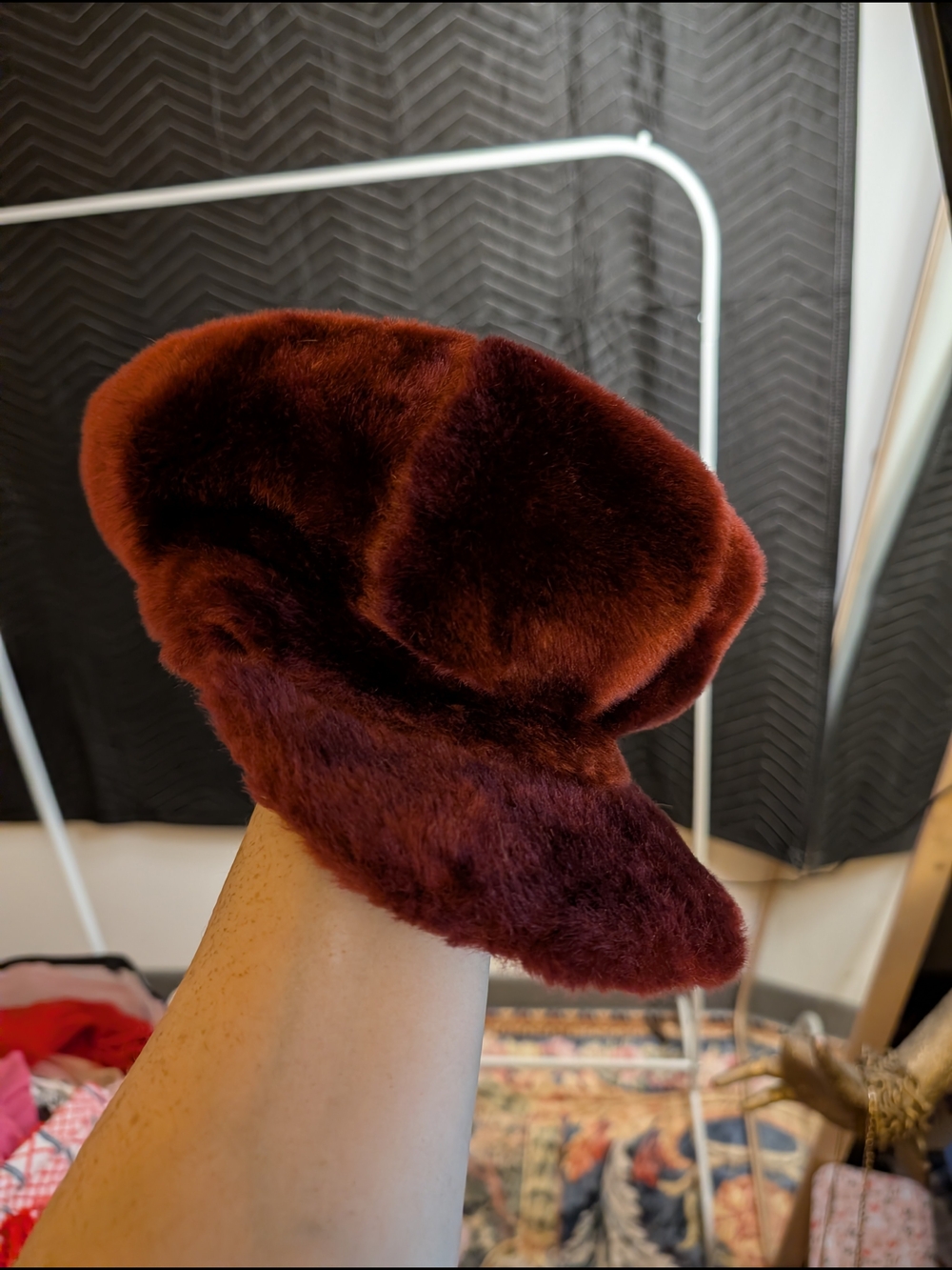 Plush Burgundy Faux Fur Bucket Newsboy Hat - Women Accessories - Picture 4 of 4